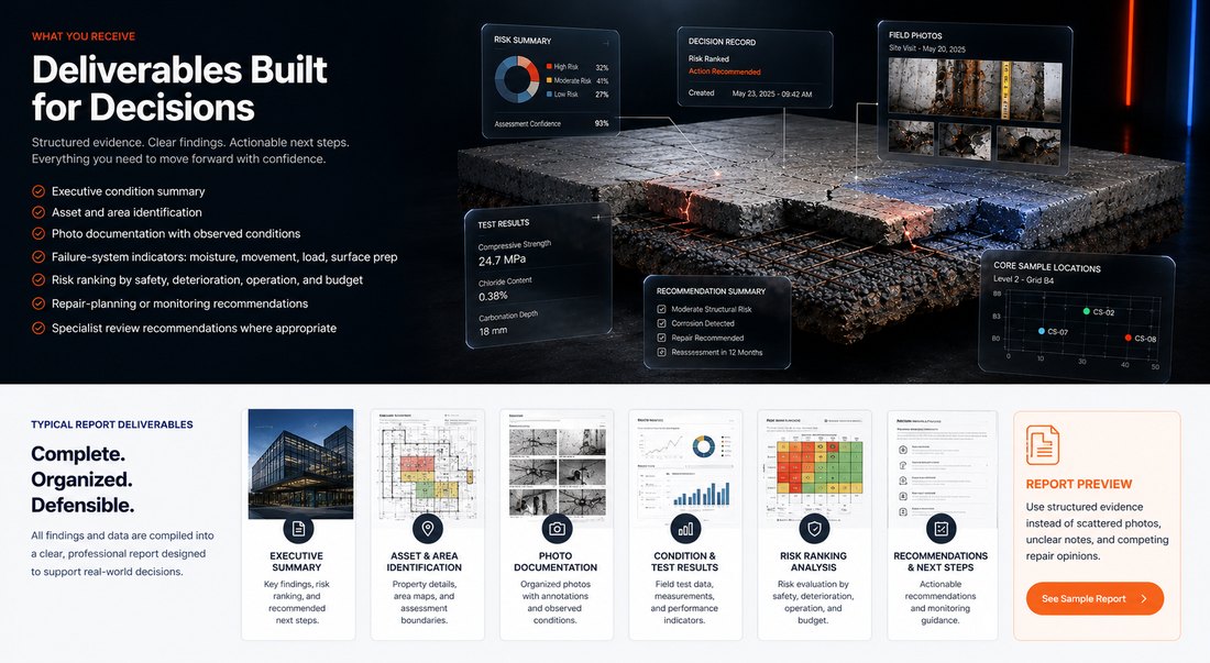 Concrete assessment deliverables preview with report cards, risk summary, field photos, and decision record